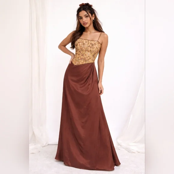 Jovani | Dresses | Y2k Jovani Coquette Beaded Corset Evening Dress Brown  Gold Spaghetti Strap 4 | Poshmark